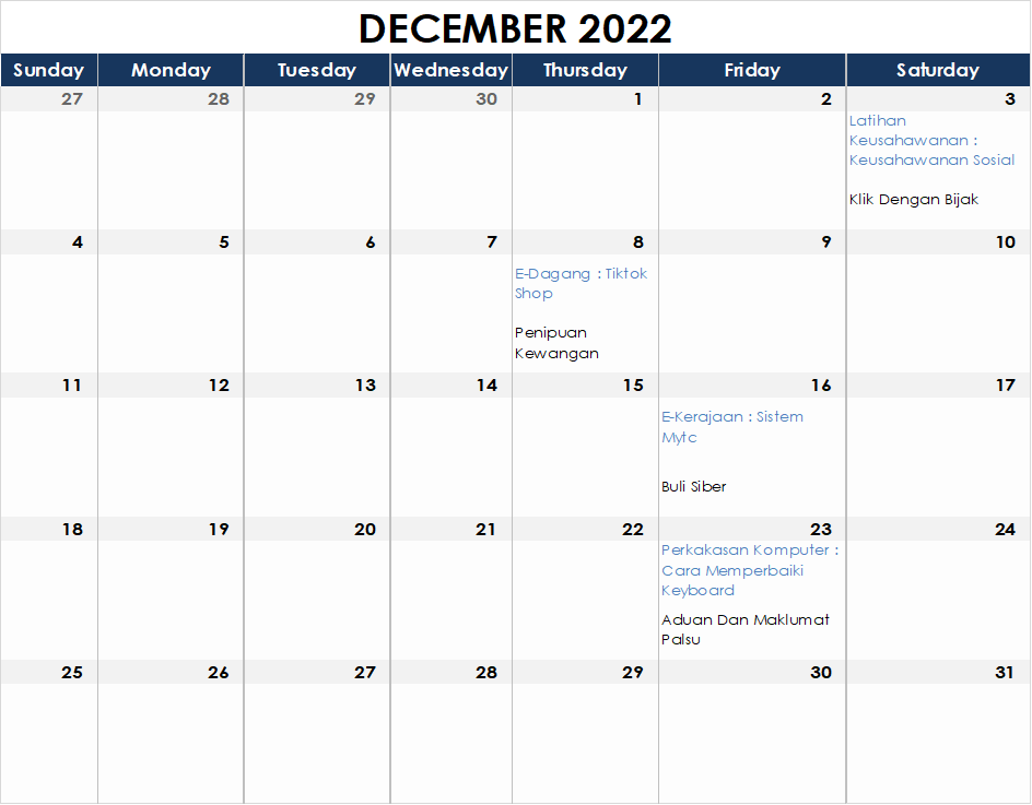 Jadual Aktiviti Disember