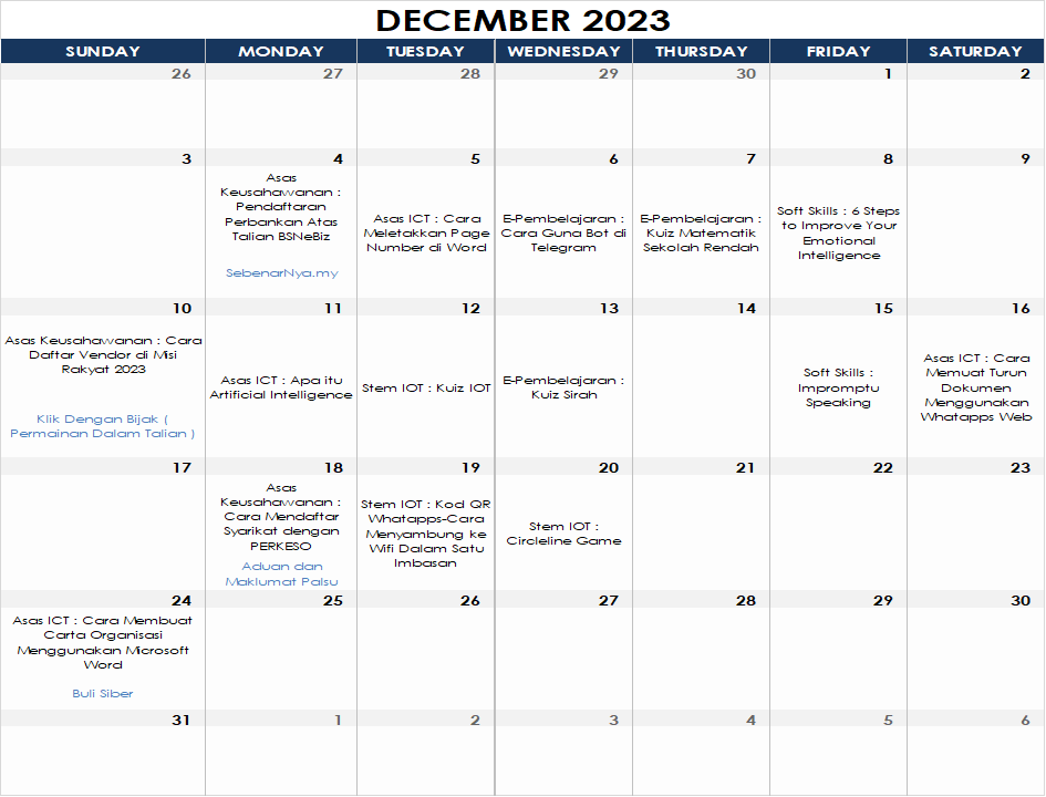 Jadual Aktiviti Disember 2023