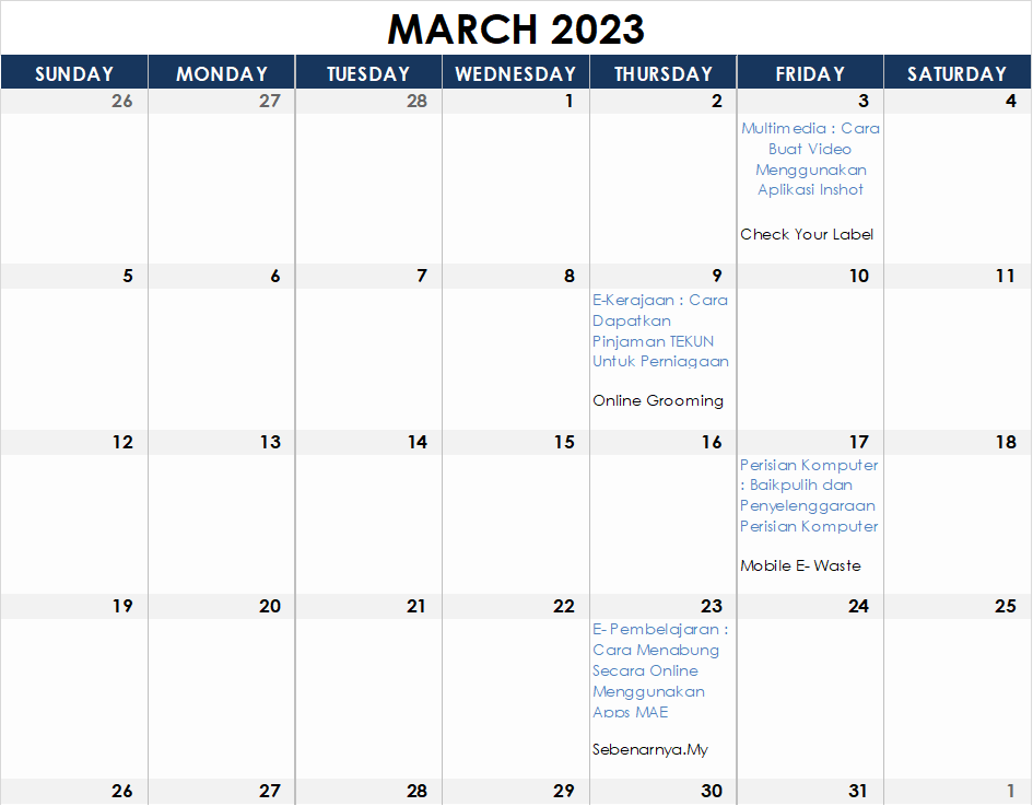 Jadual Aktiviti March