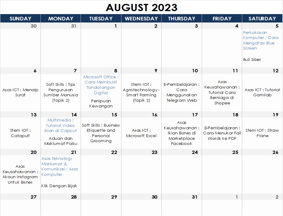 Jadual Aktiviti Ogos 2023