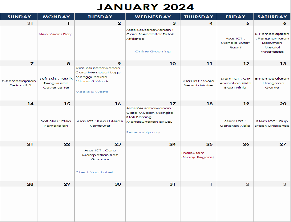 Jadual Aktiviti Januari 2024