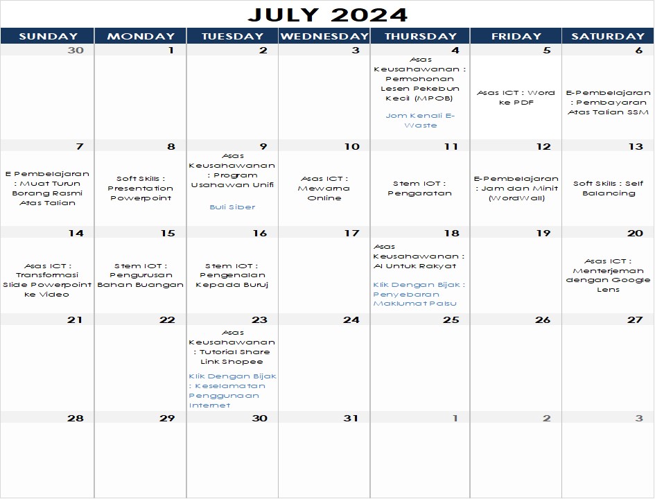 Jadual Aktiviti Julai 2024