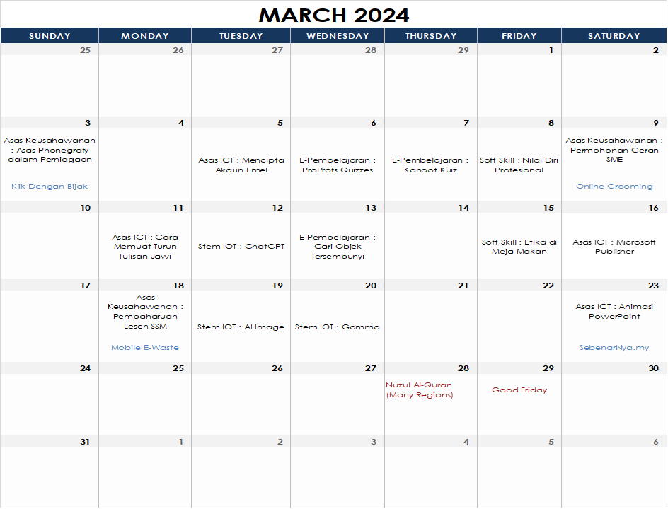 Jadual Aktiviti Mac 2024